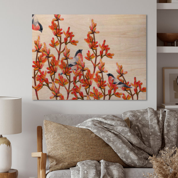 Winston Porter Flock Of Bullfinches Birds On Orange Branches - Unframed